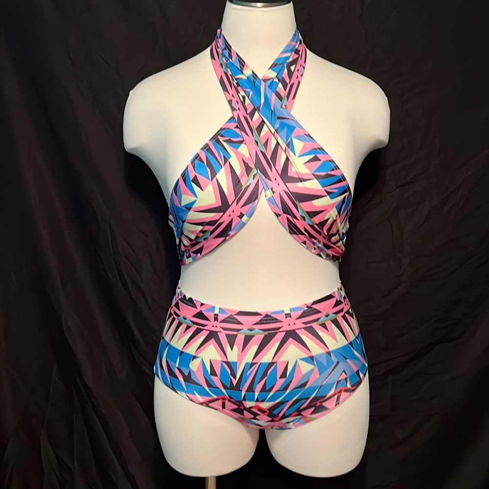 Vintage Aztec Print Wrap High Waist 2-piece swimsuit